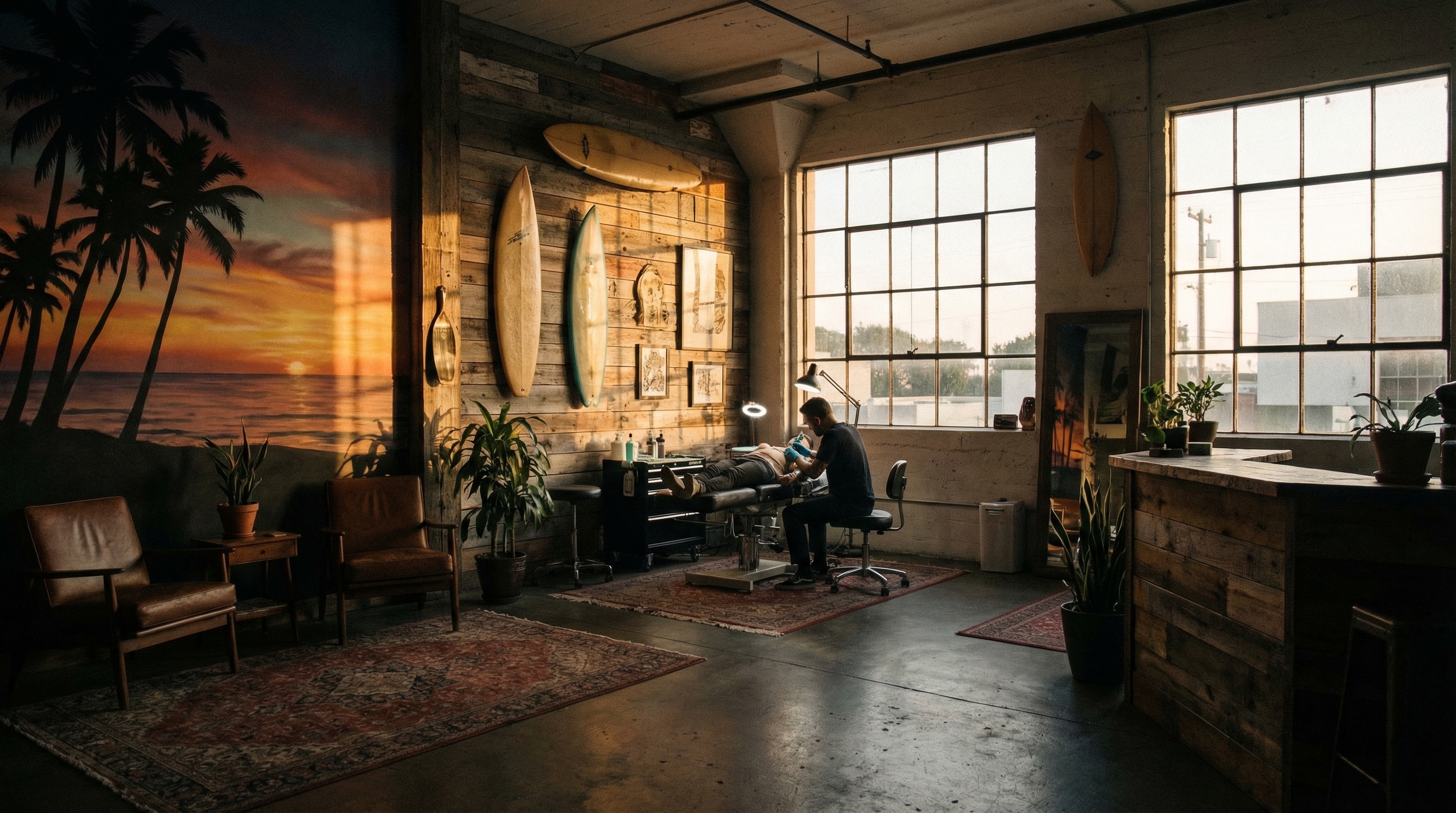 Tattoo shop interior representing California