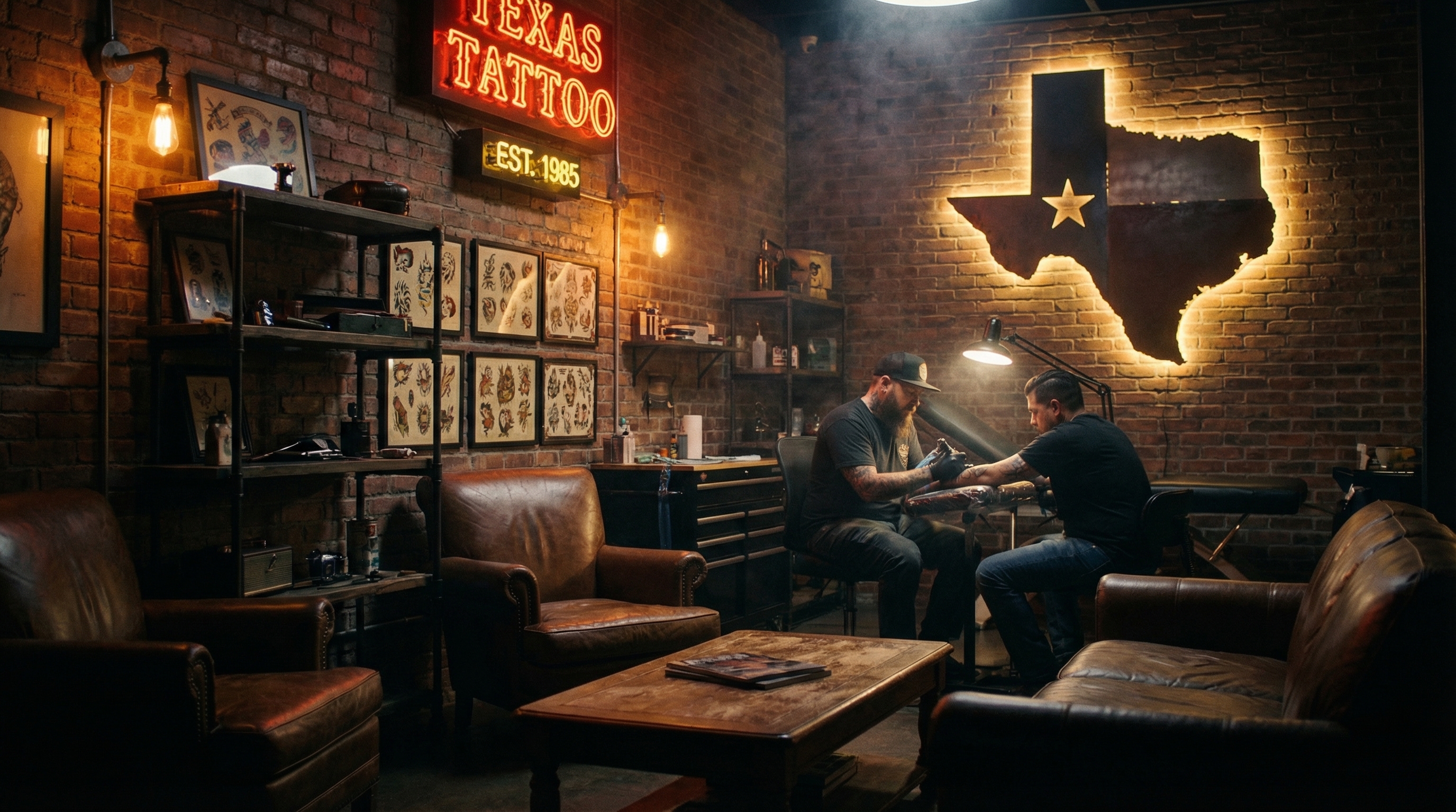 Tattoo shop interior representing Texas