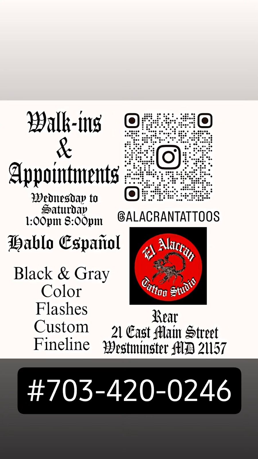 EL ALACRAN TATTOO STUDIO, tattoo shop in Westminster, MD