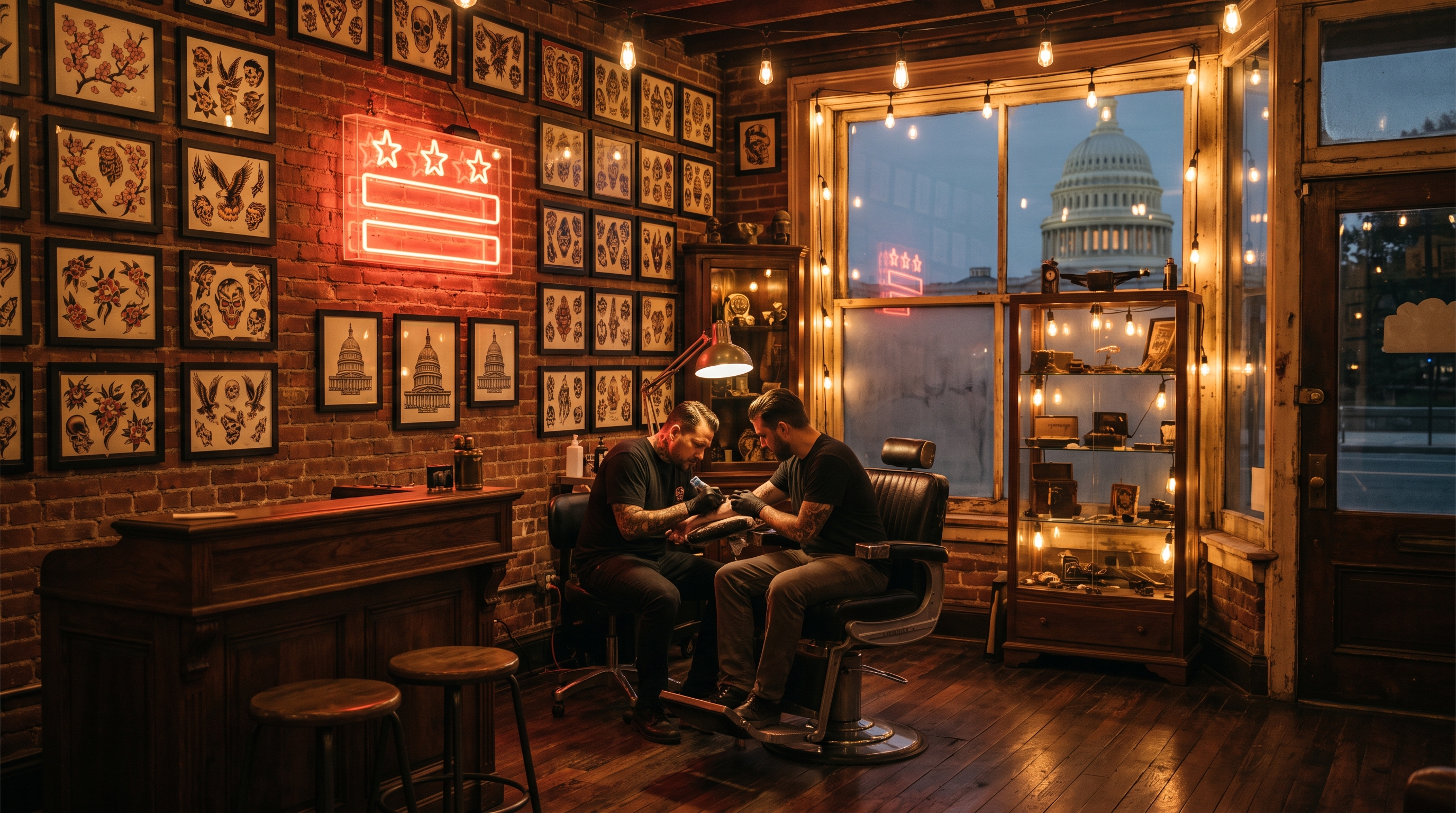 Tattoo shop in Washington, DC with a red neon DC flag sign and the Capitol dome through the window
