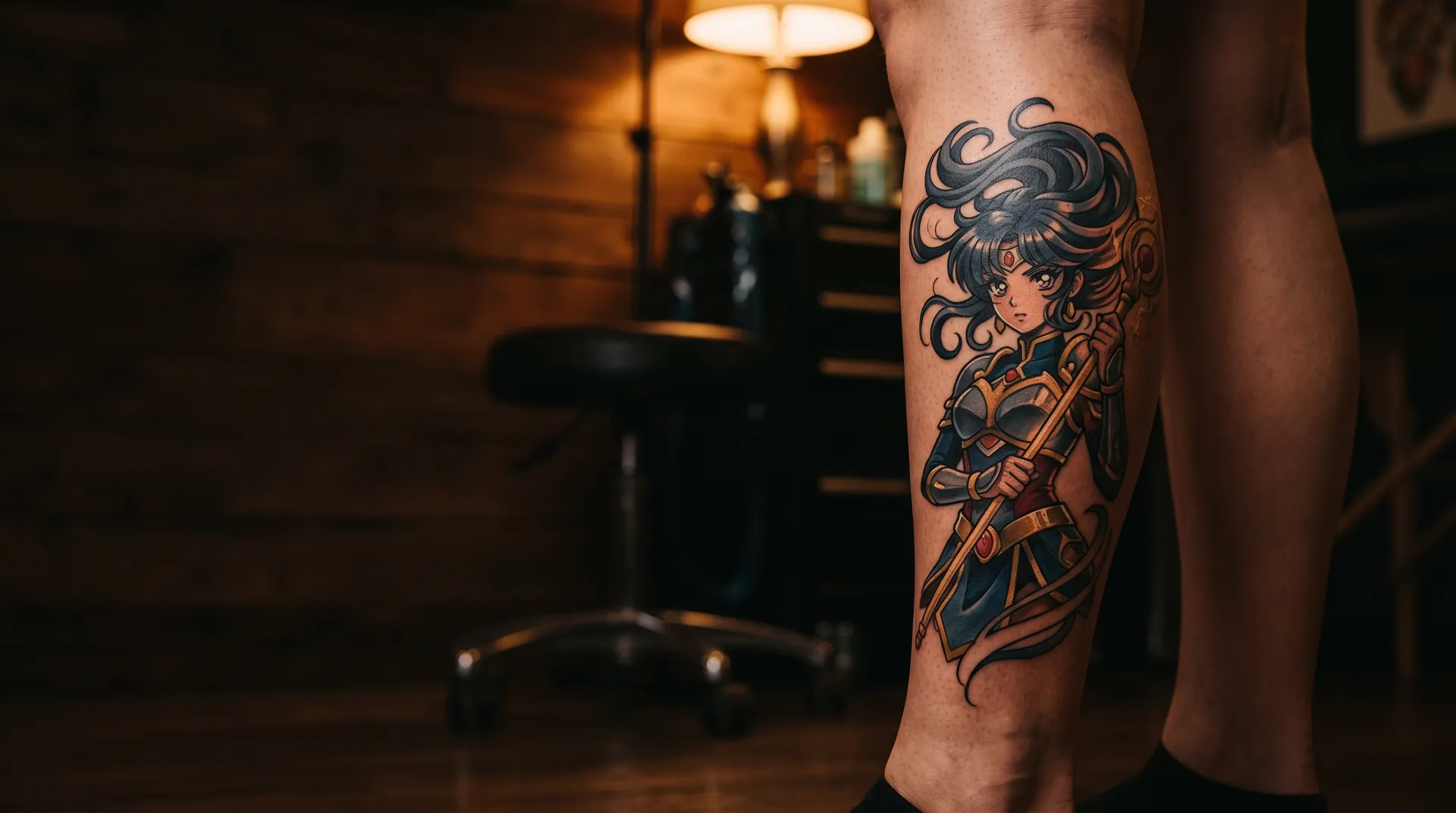 Anime-style tattoo of a heroine in color on a calf