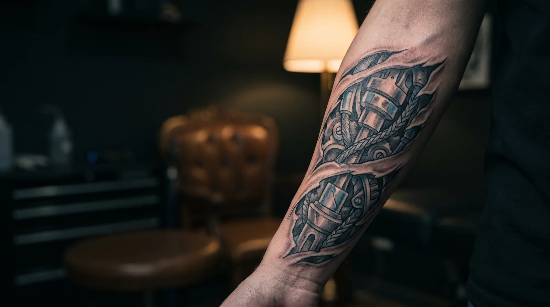 Biomechanical tattoo of machinery under torn skin on a forearm