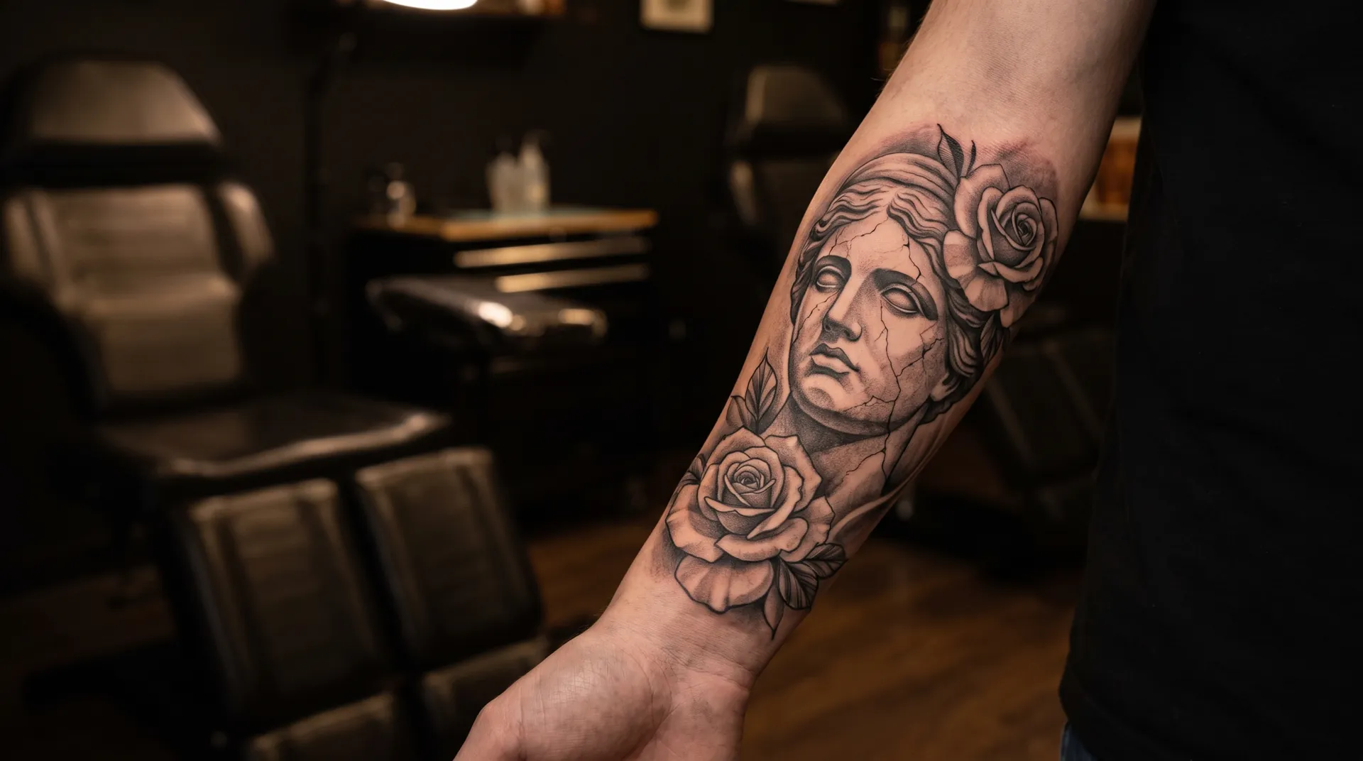 Black and grey tattoo of a marble statue face and roses on a forearm
