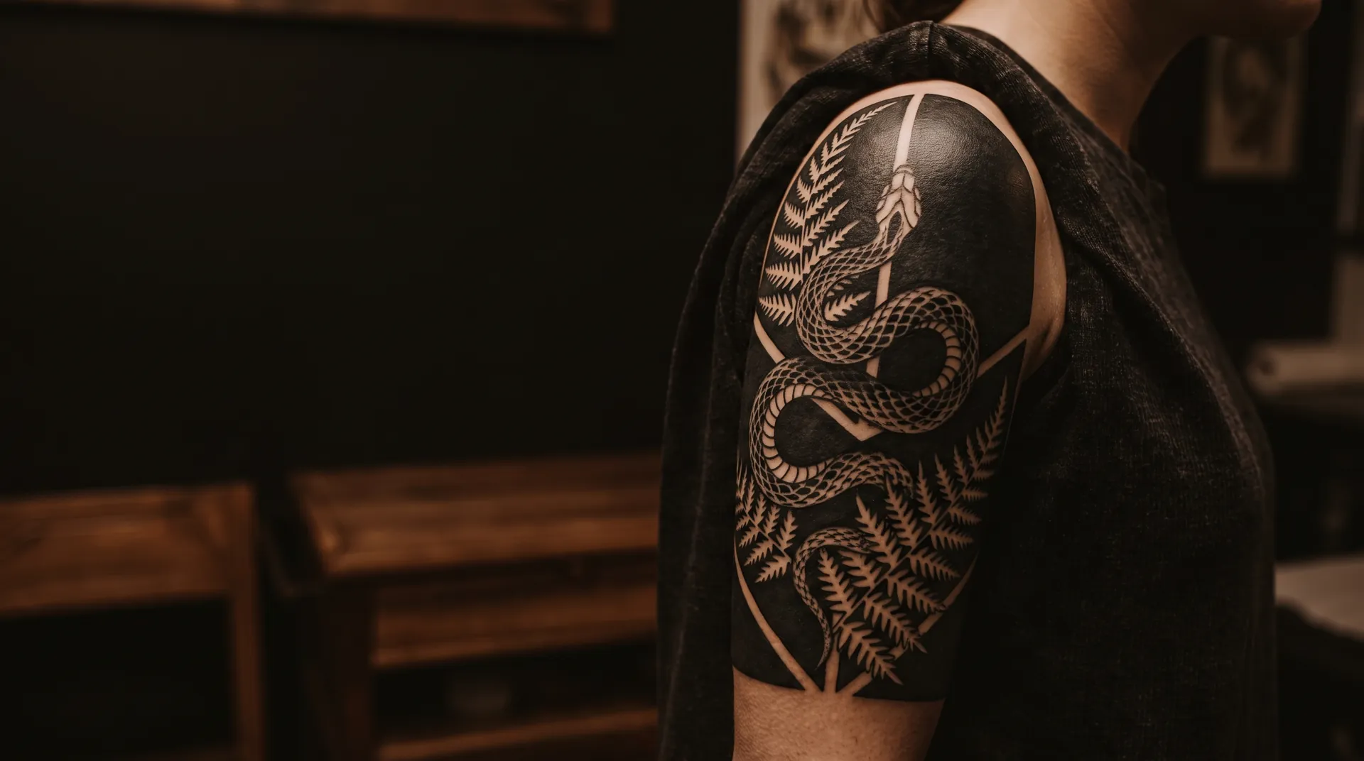 Blackwork tattoo with a negative-space snake and ferns on a shoulder