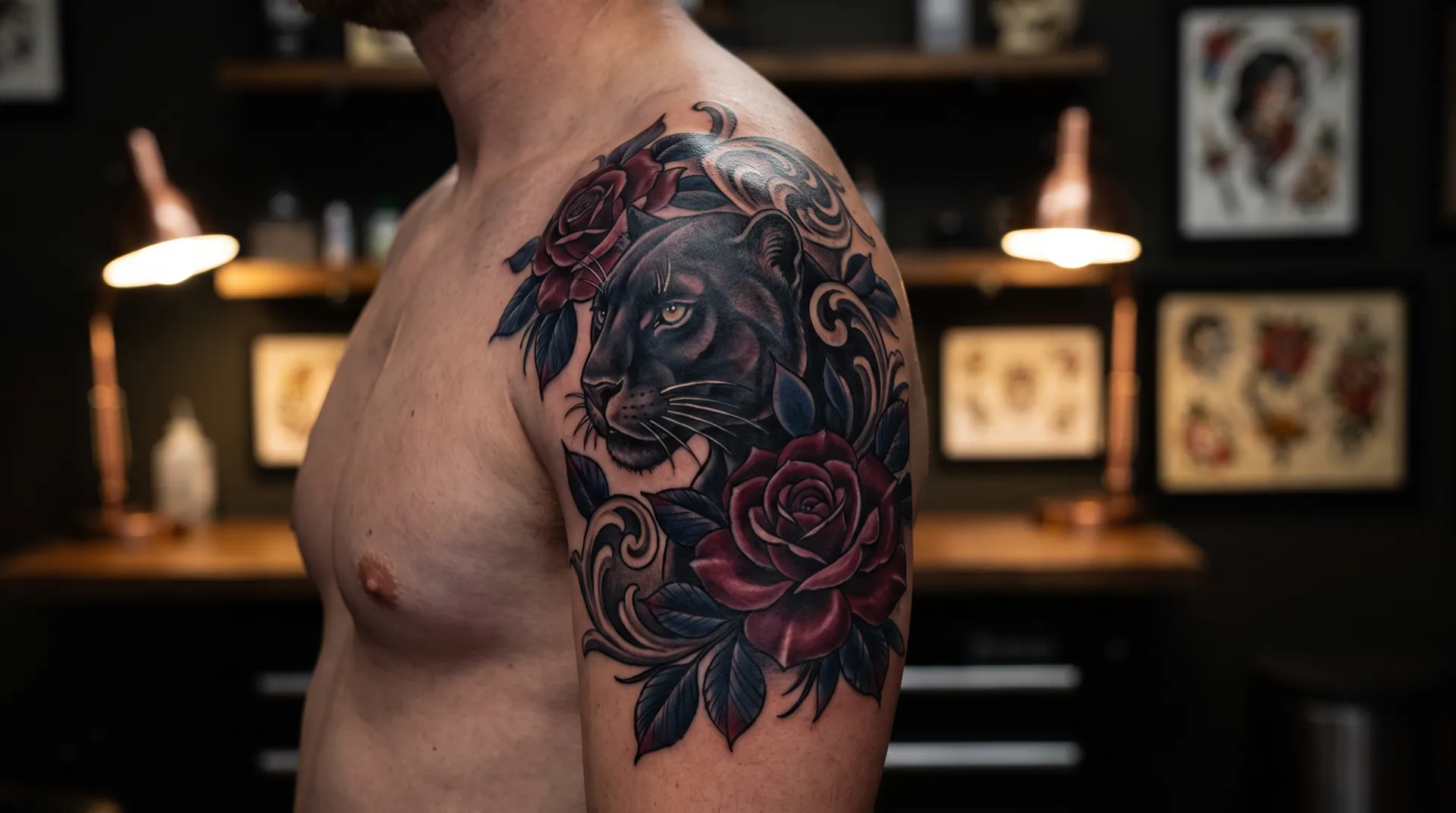 Cover-up tattoo of a black panther and dark roses on a shoulder