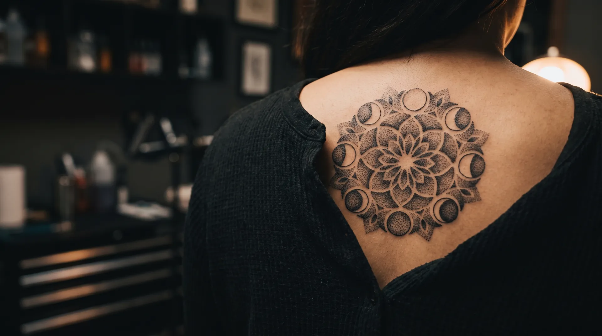 Dotwork mandala tattoo with moon phases on an upper back