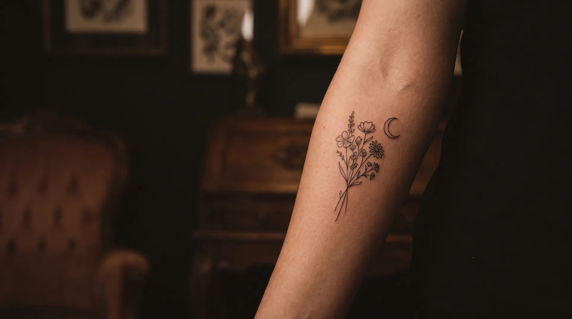 Fine line tattoo of a wildflower bouquet and a crescent moon on an inner forearm