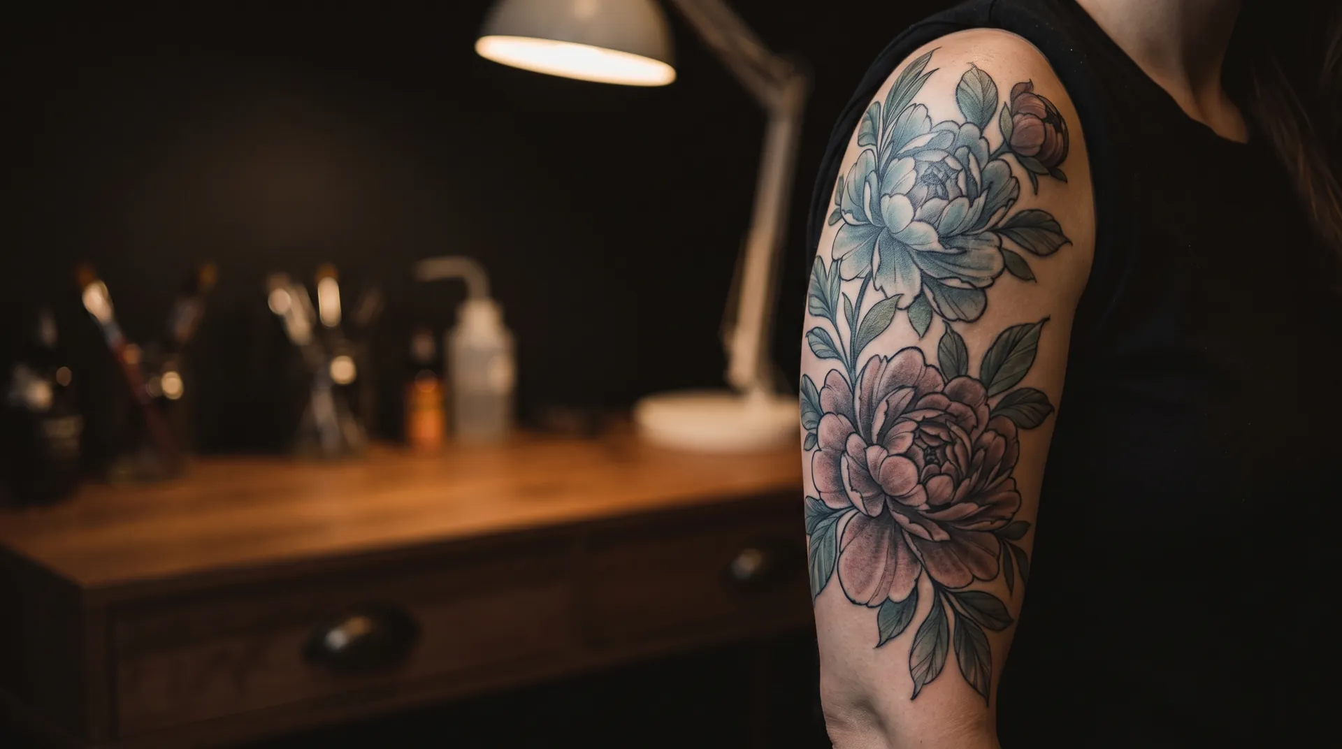 Floral tattoo of peonies on an upper arm