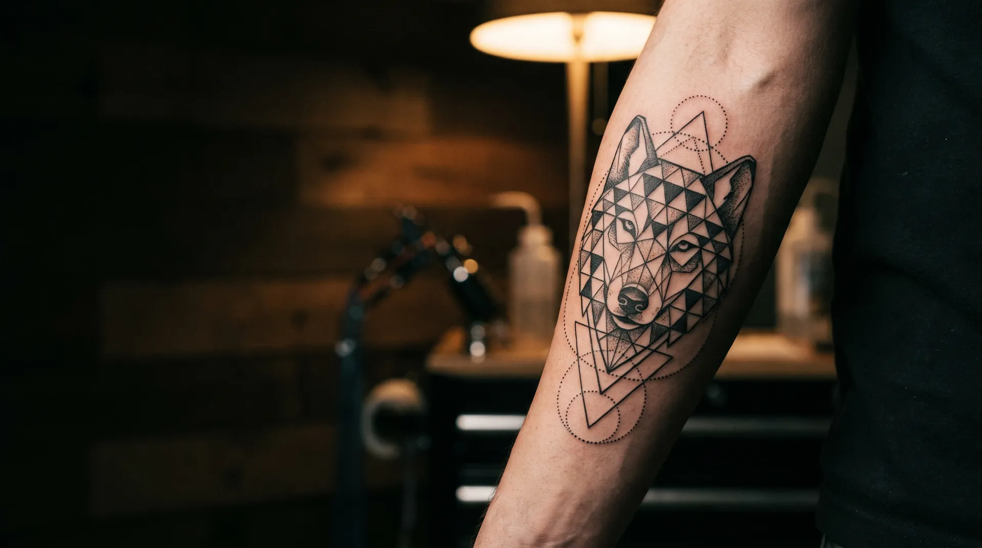 Geometric tattoo of a wolf head made of triangles on a forearm