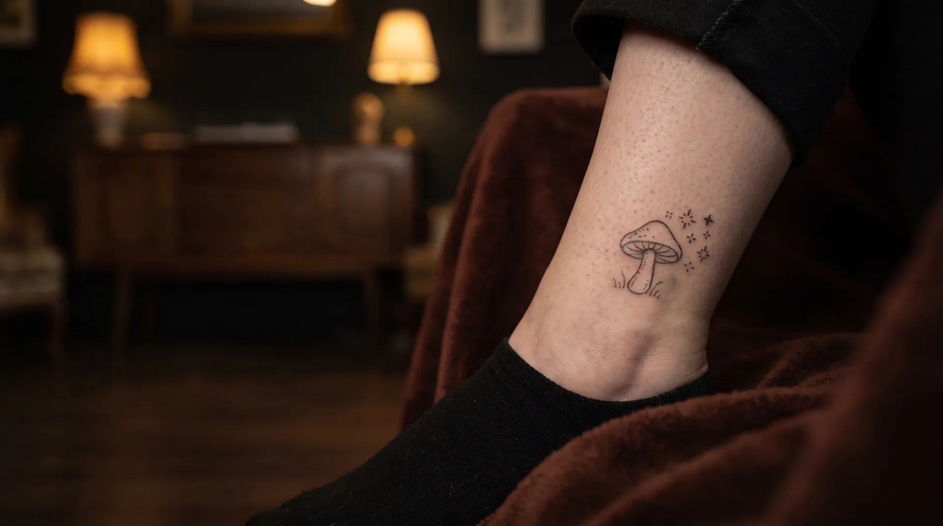 Hand-poked tattoo of a small mushroom and stars on an ankle