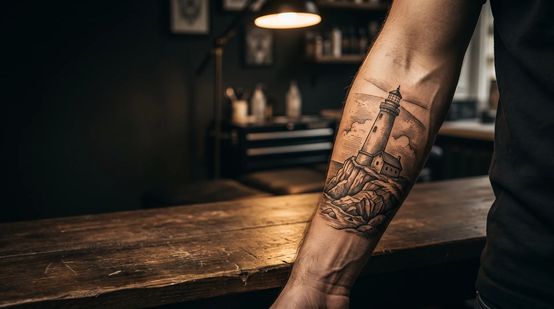 Illustrative etching-style tattoo of a lighthouse on a cliff on a forearm