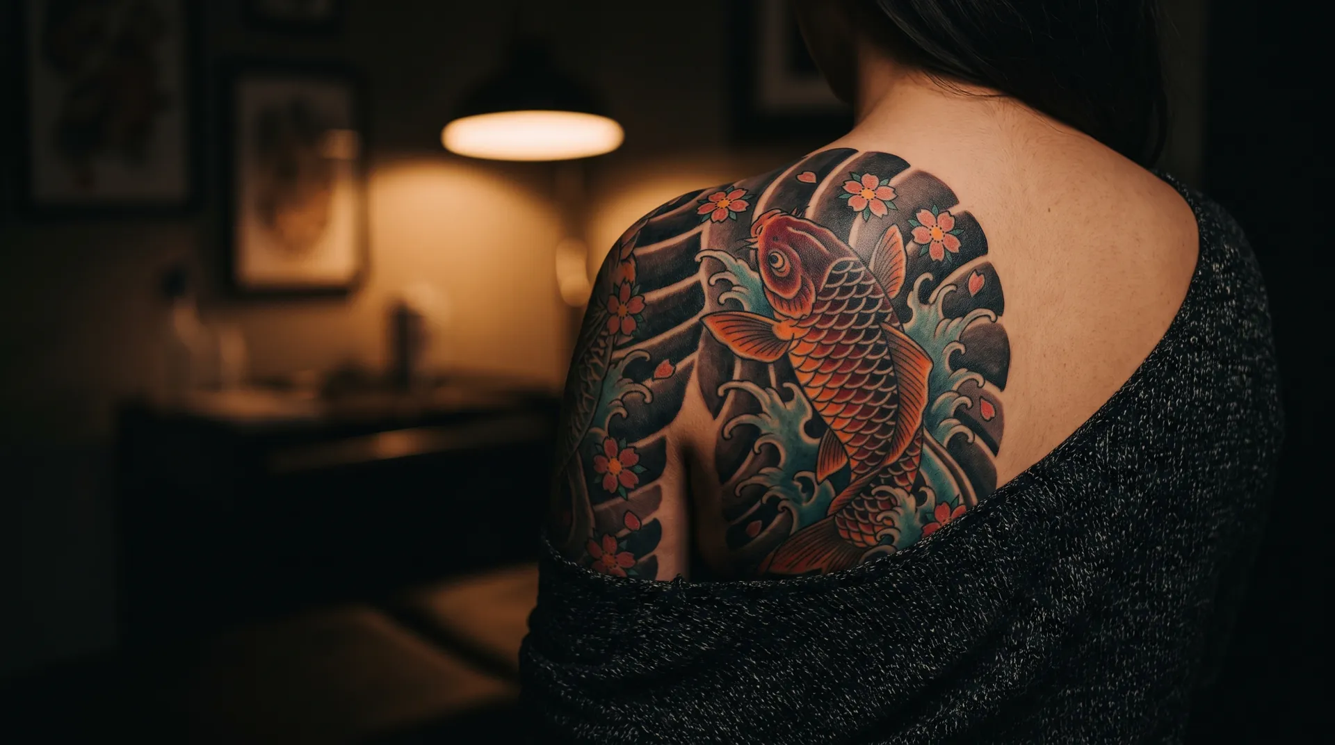 Japanese irezumi tattoo of a koi fish in waves and cherry blossoms on a shoulder and back