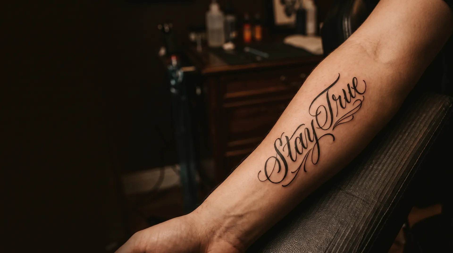 Script lettering tattoo reading Stay True on a forearm