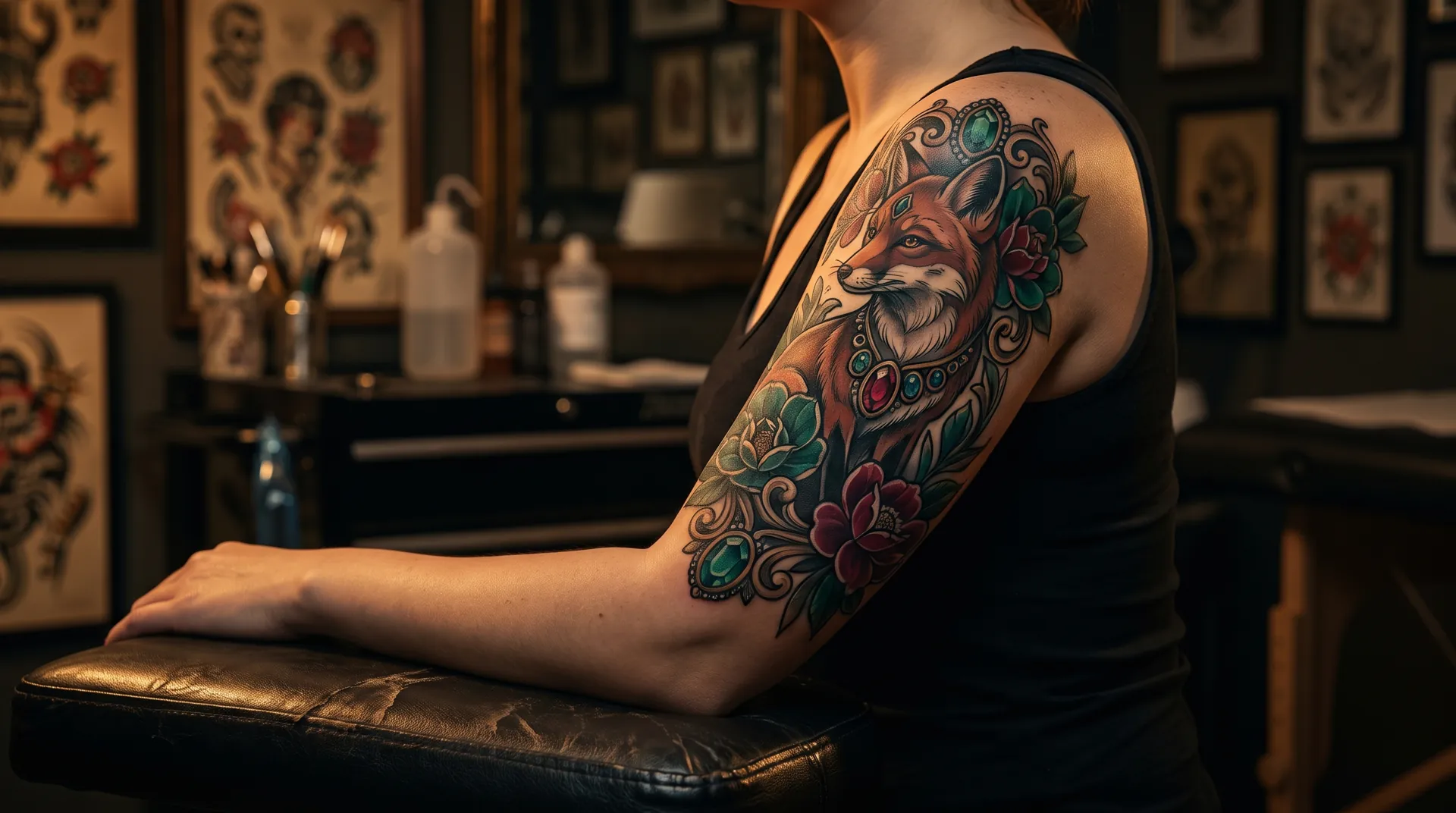 Neo-traditional tattoo of a fox framed by jewels and flowers on an upper arm