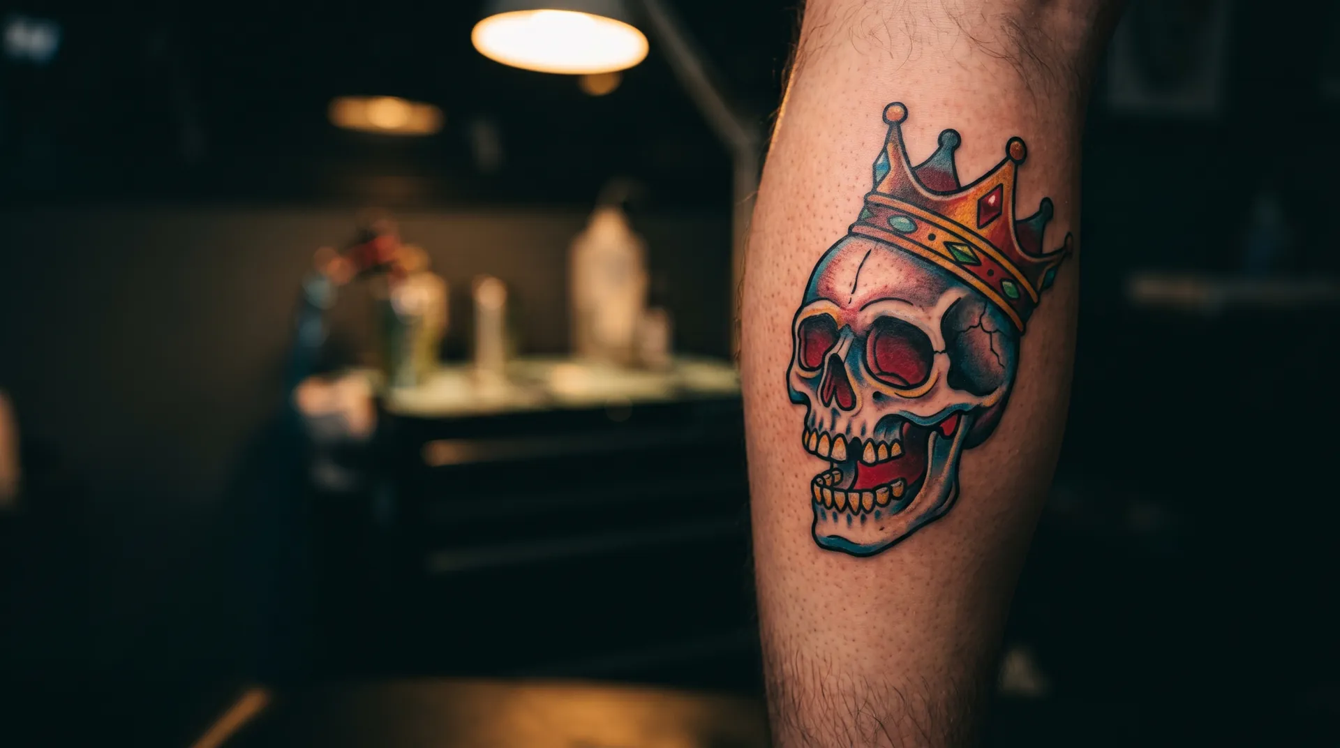 New school tattoo of a cartoon skull wearing a crown on a calf