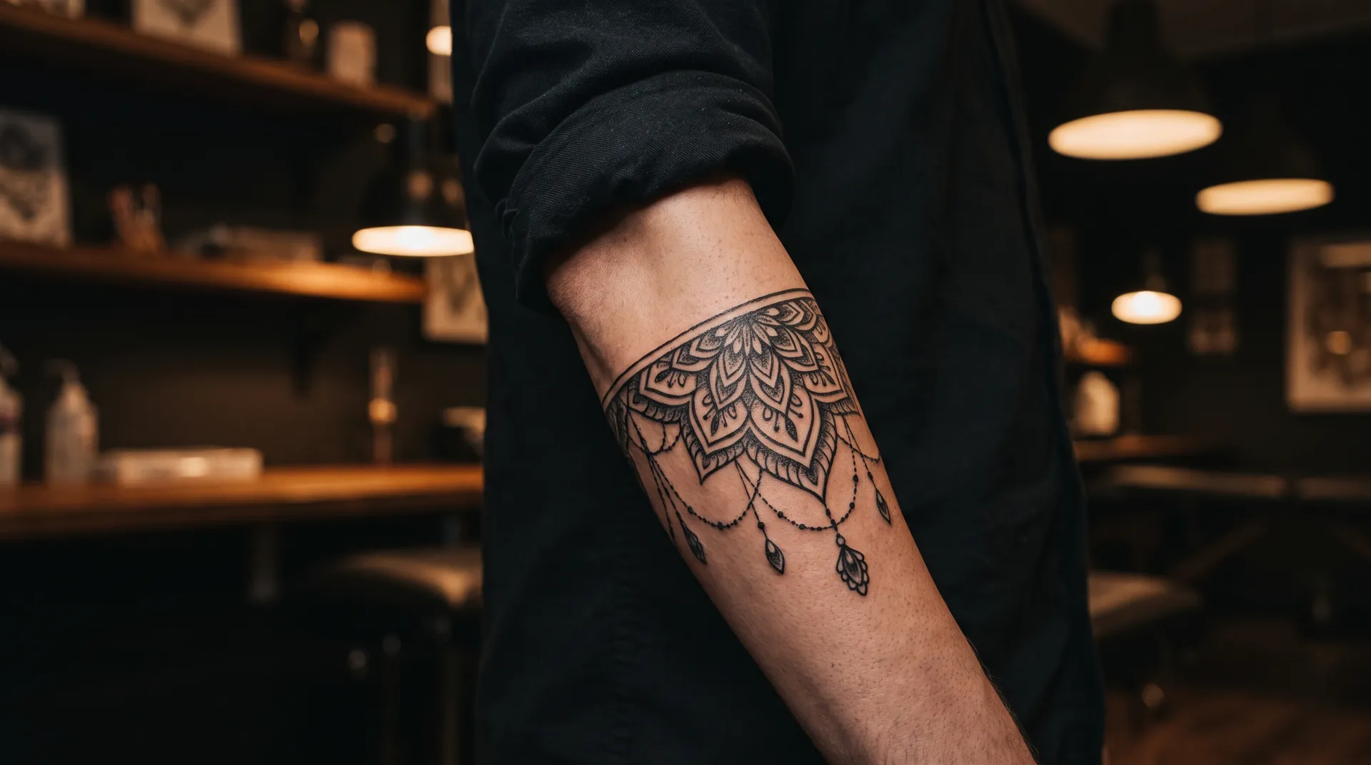 Ornamental lace and mandala band tattoo with hanging jewels on a forearm