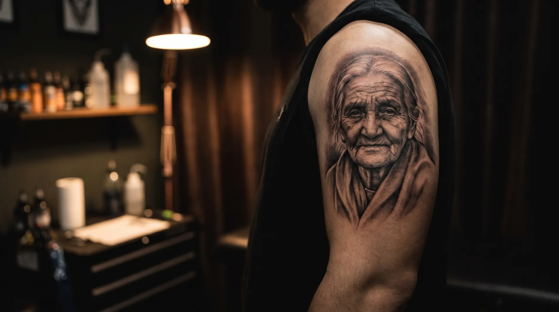 Black and grey portrait tattoo of an elderly woman on an upper arm