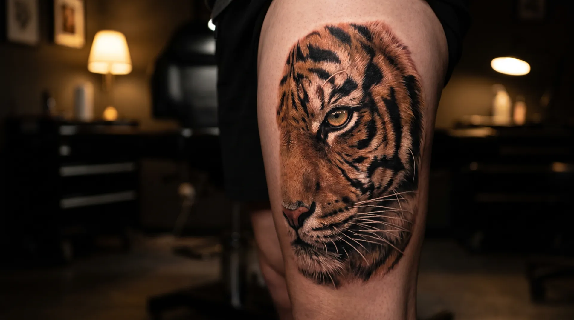 Color realism tattoo of a tiger face on a thigh