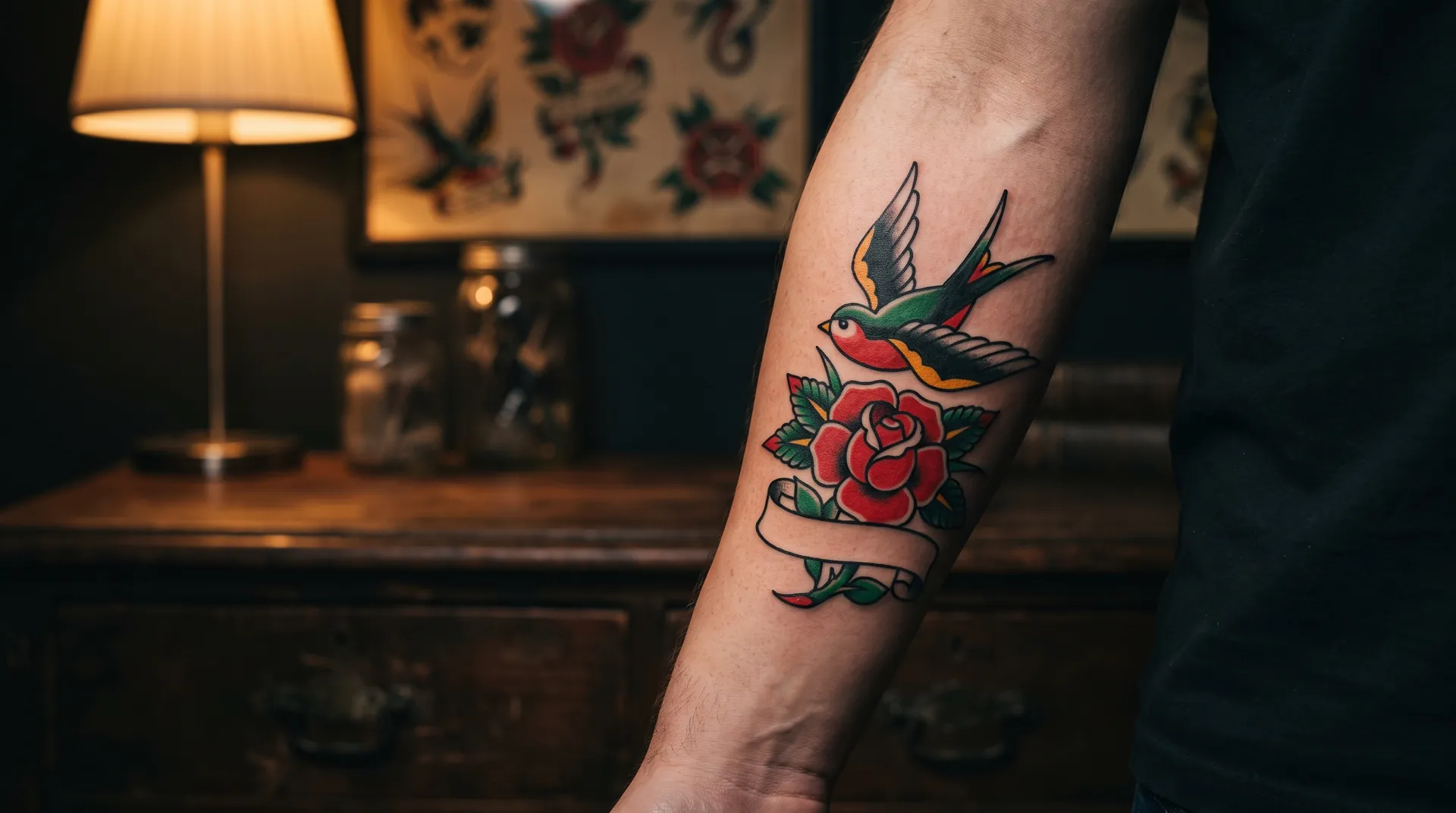 American traditional tattoo of a swallow and a red rose with a banner on a forearm
