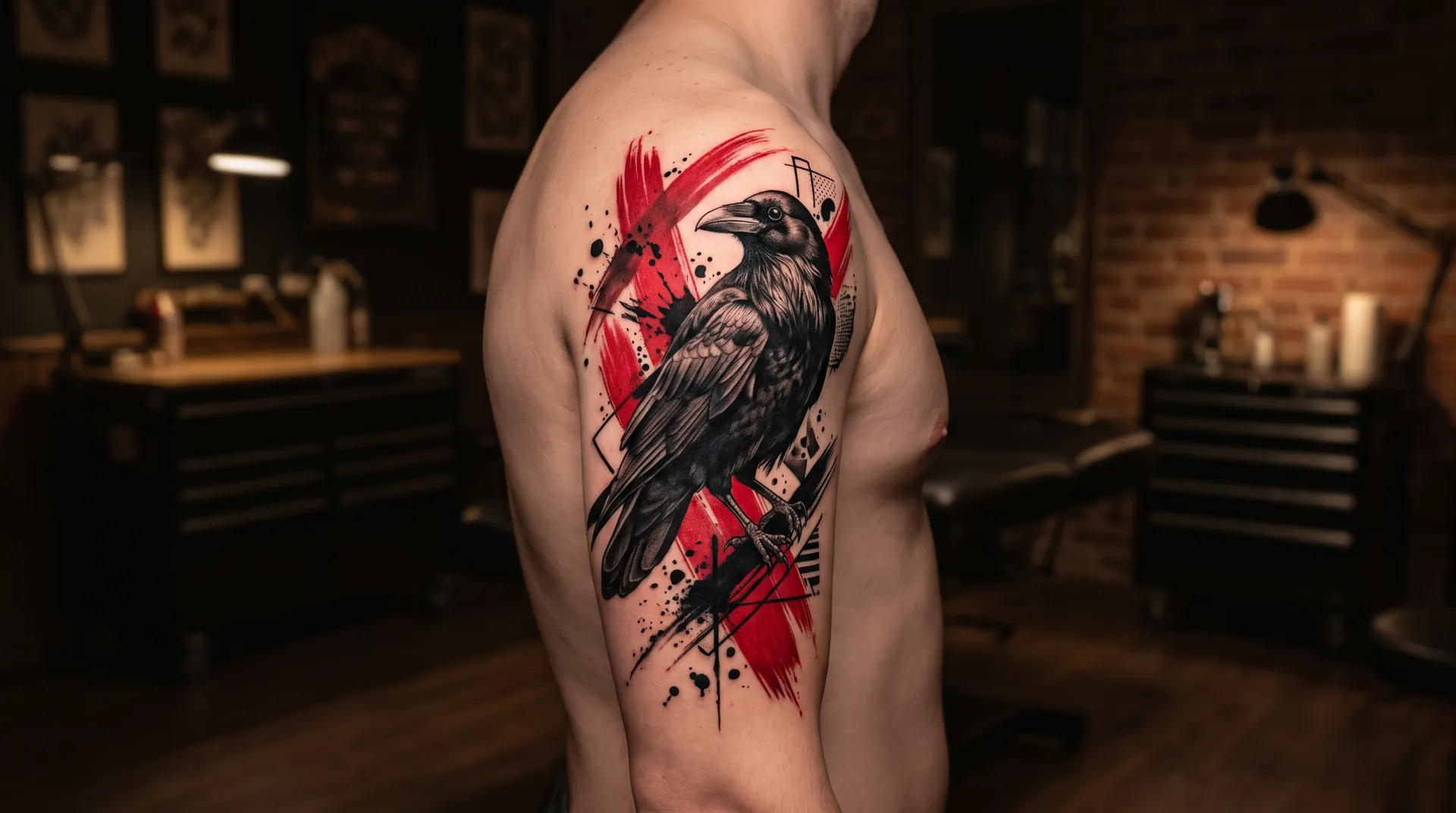 Trash polka tattoo of a raven with red brush strokes on an upper arm
