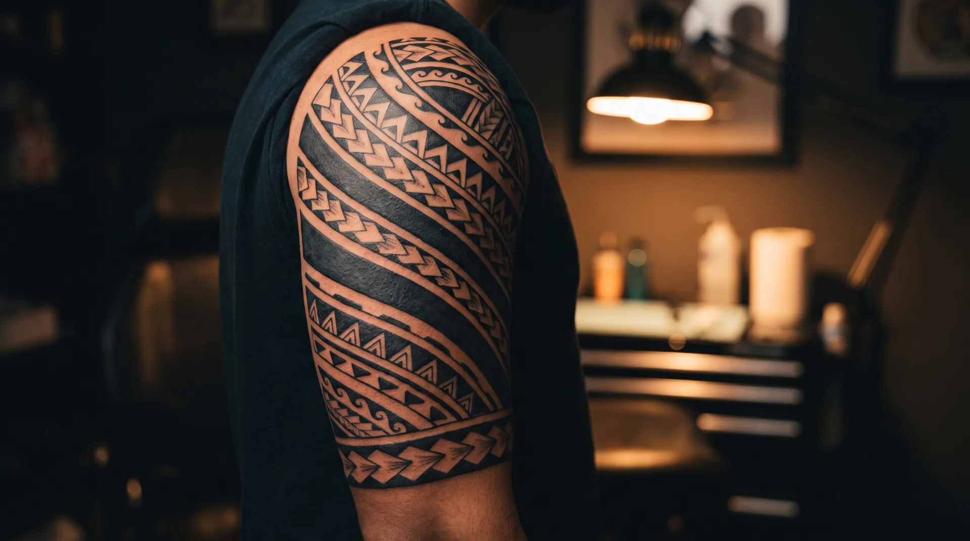 Polynesian-style tribal tattoo bands on a shoulder and upper arm