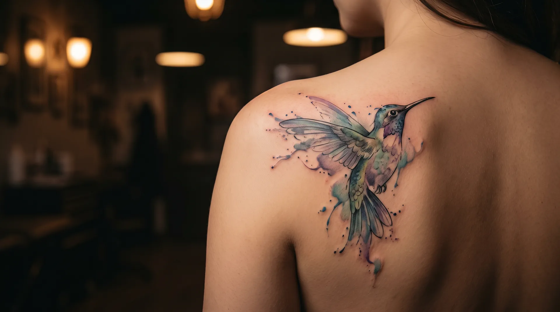 Watercolor tattoo of a hummingbird with paint splashes on a shoulder blade